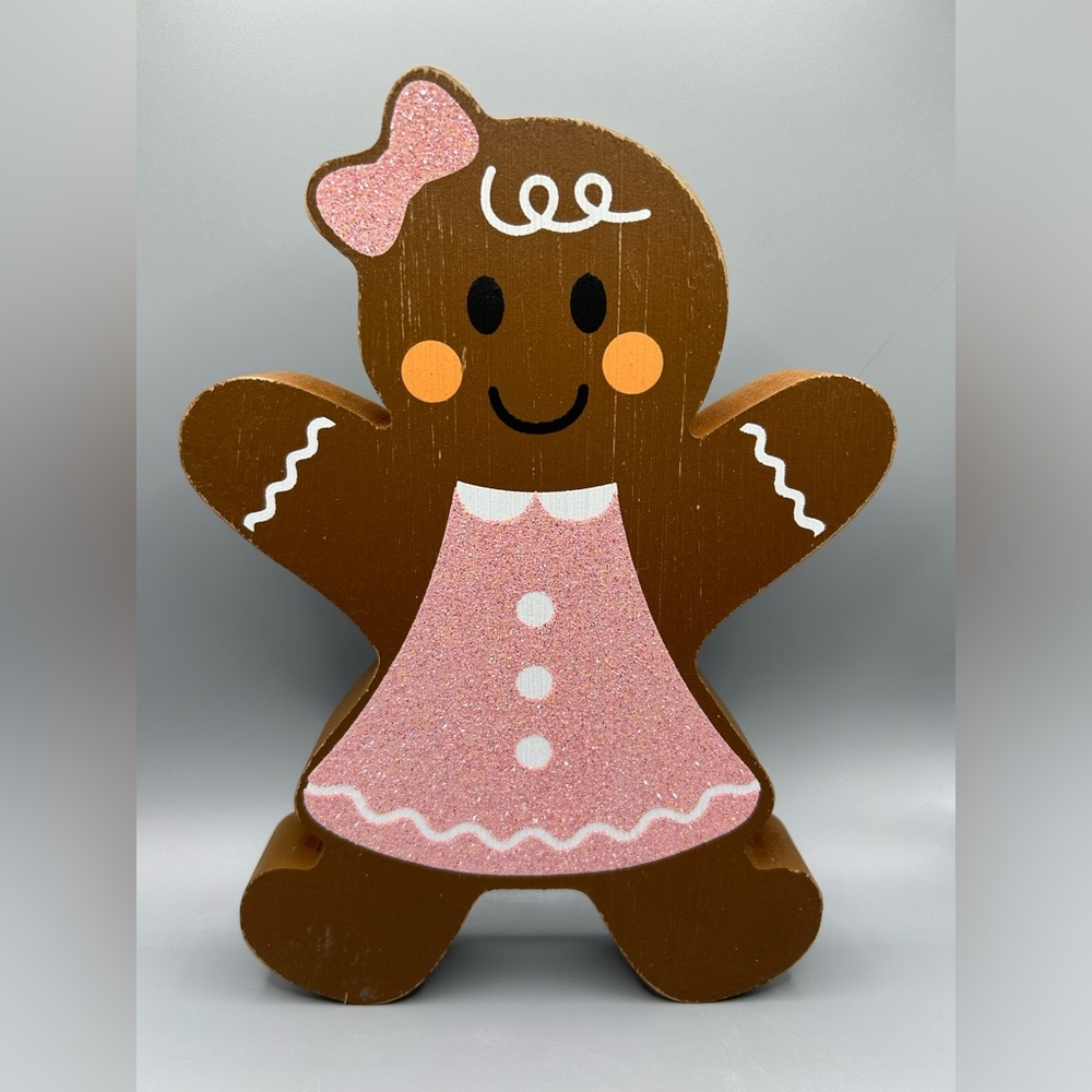 Quill To Paper Rustic Gingerbread Girl Wooden Christmas Decor Pink Glitter NEW